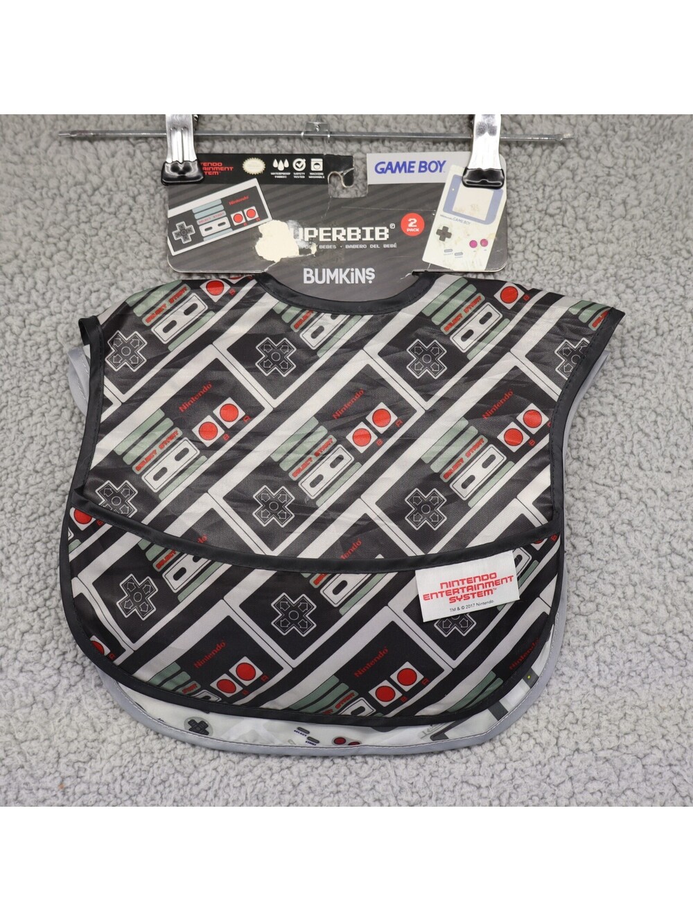 Bumkins Nintendo Superbib Waterproof Bibs Gray Pack 2 NEW